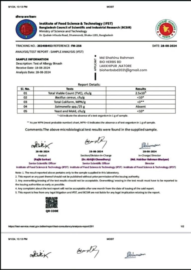 BCSIR Lab Test Certificate